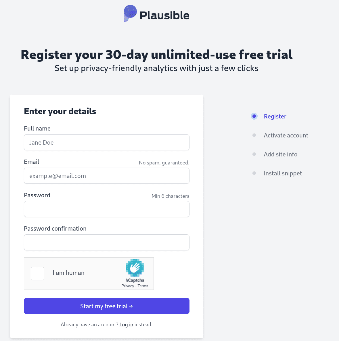 Register for an account with Plausible Analytics
